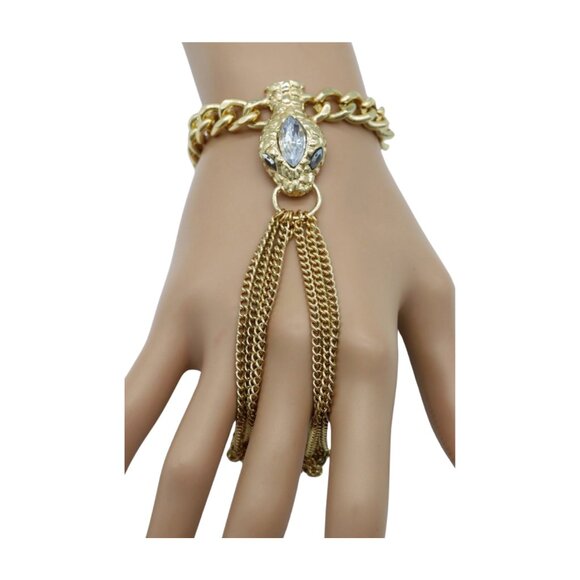 New Women Gold Fashion Bracelet Metal Hand Chain Connected Ring Bling Snake Head - Picture 16 of 17
